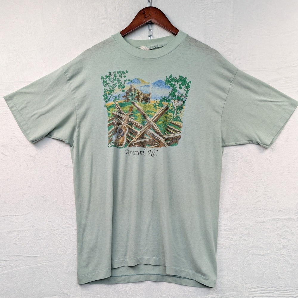 VTG Paper Thin T-Shirt Mens XL Sage Green Nature Cabin Outdoor Single Stitch 80s